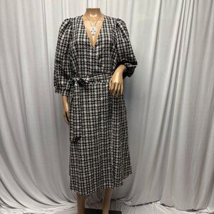 A New Day Plaid Midi Wrap Dress Womens Size Medium Puff Sleeves Belted Casual